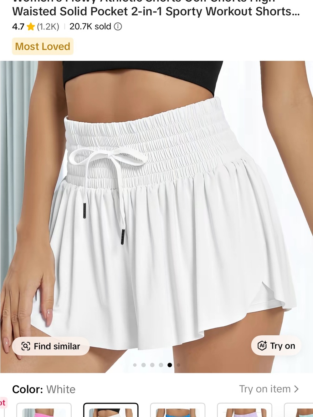 Womens White Athletic Shorts with High-Waist Smocked Band